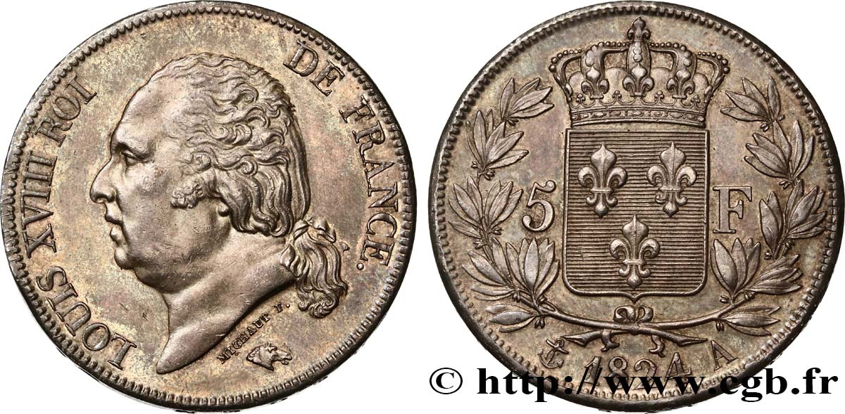 5 francs Louis XVIII, tête nue 1824 Paris F.309/88 SUP58 