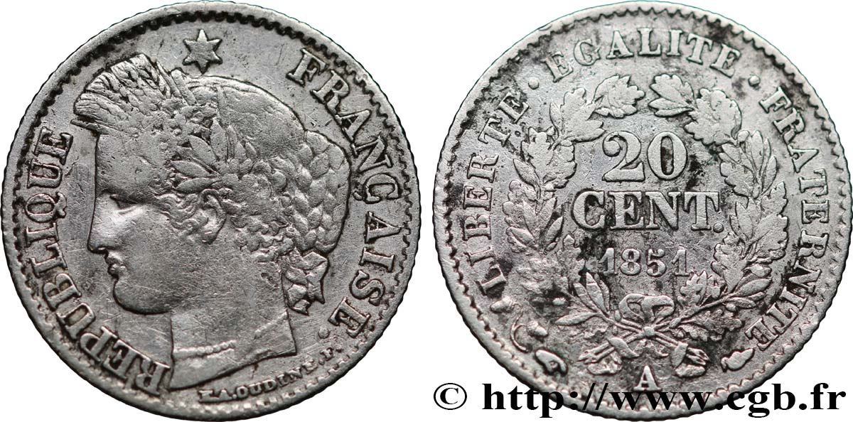 20 centimes Cérès, IIe République 1851 Paris F.146/7 MB 