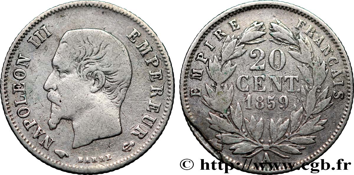 20 centimes Napoléon III, tête nue 1859 Paris F.148/12 TB20 