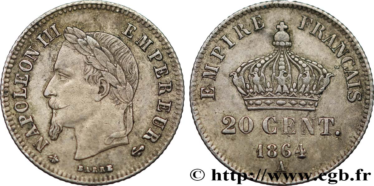 20 centimes Napoléon III, tête laurée, petit module 1864 Paris F.149/1 SS50 