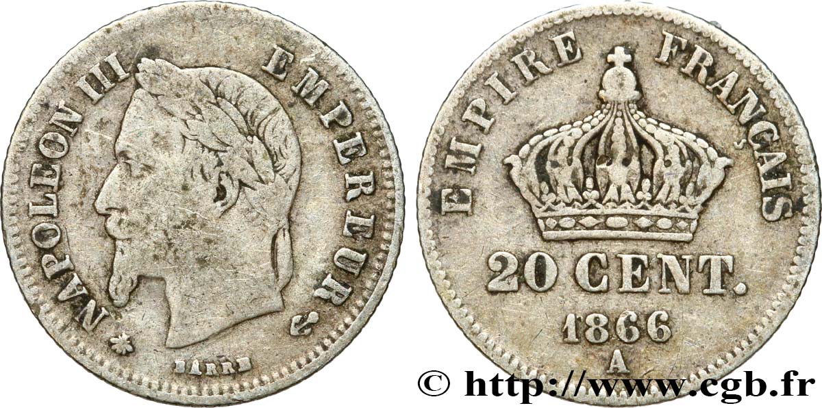 20 centimes Napoléon III, tête laurée, petit module 1866 Paris F.149/4 S20 