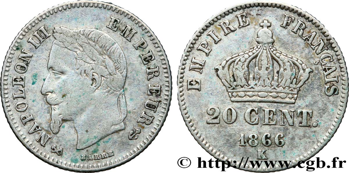 20 centimes Napoléon III, tête laurée, petit module 1866 Bordeaux F.149/6 BC25 