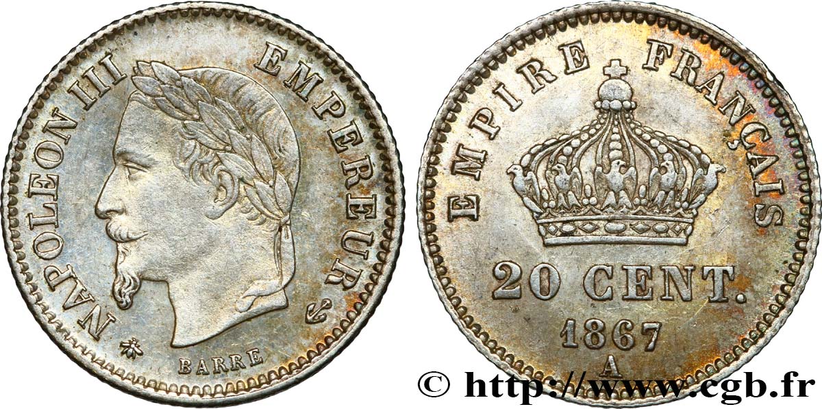 20 centimes Napoléon III, tête laurée, grand module 1867 Paris F.150/1 AU53 