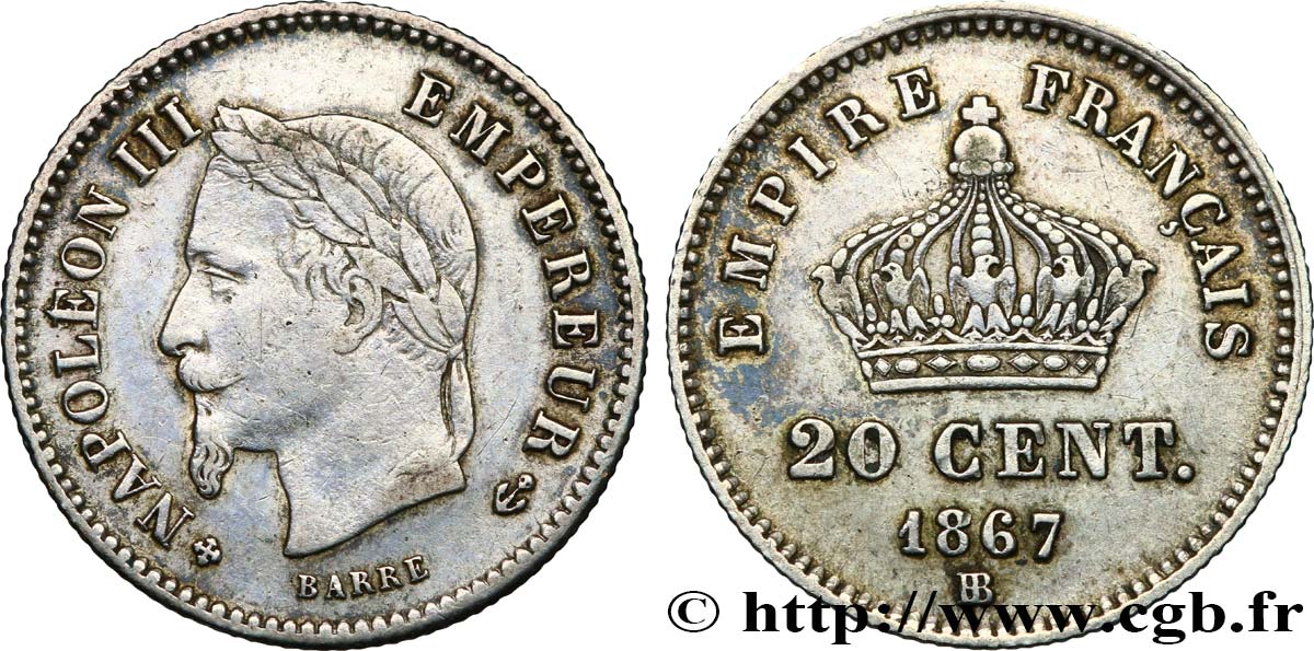 20 centimes Napoléon III, tête laurée, grand module 1867 Strasbourg F.150/2 MBC45 