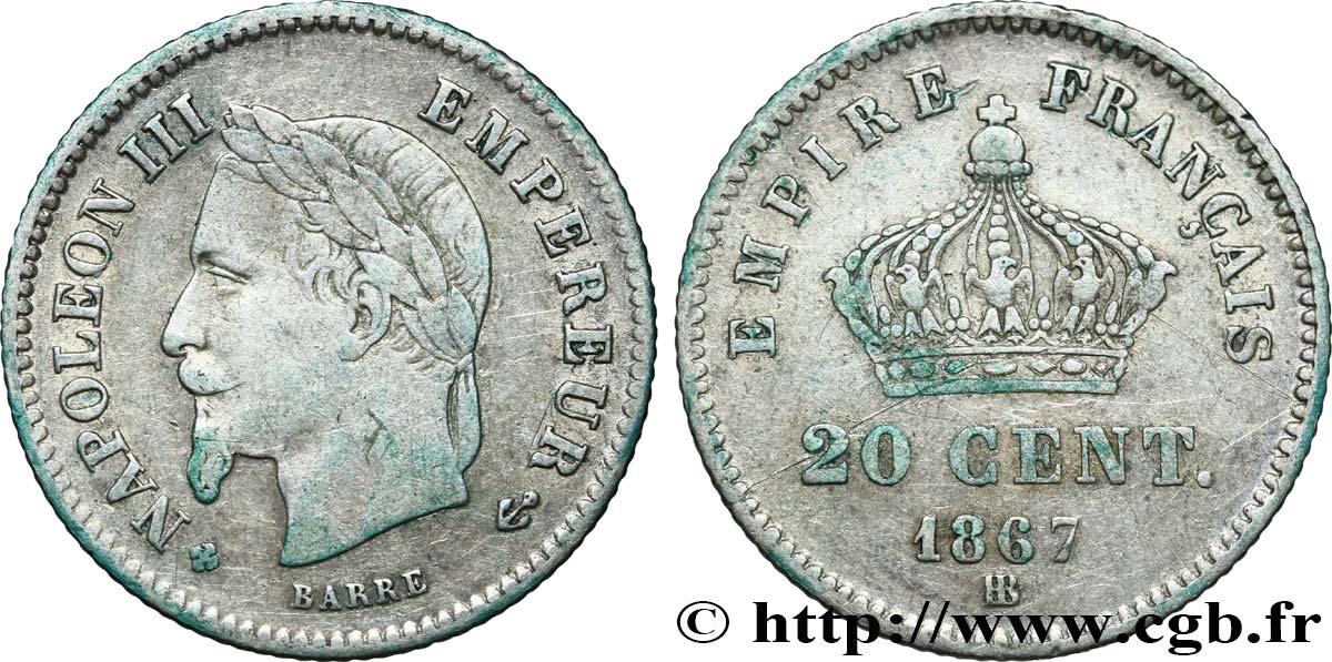20 centimes Napoléon III, tête laurée, grand module 1867 Strasbourg F.150/2 TB35 