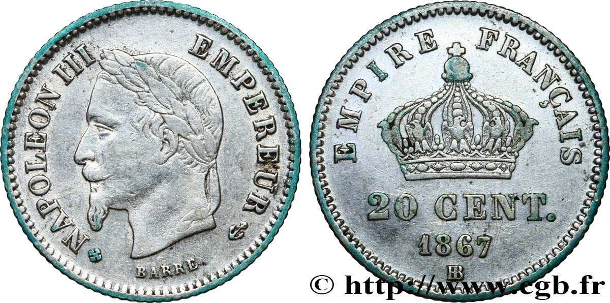 20 centimes Napoléon III, tête laurée, grand module 1867 Strasbourg F.150/2 XF40 