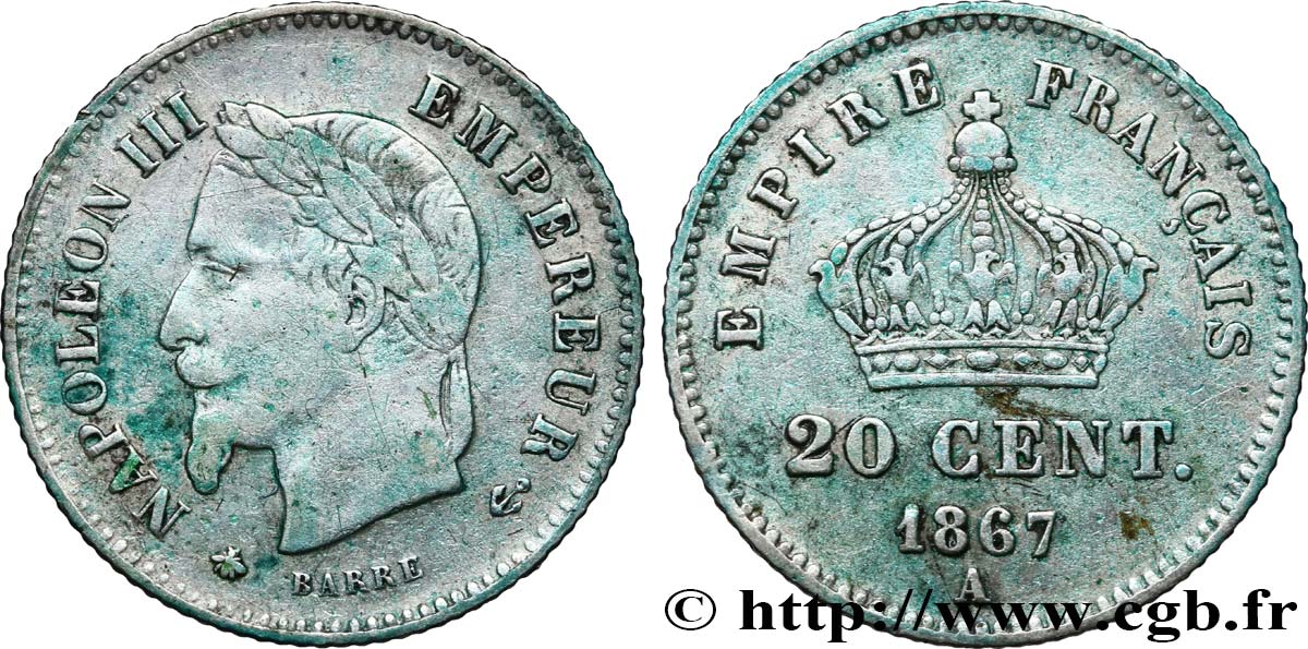 20 centimes Napoléon III, tête laurée, grand module 1867 Paris F.150/1 TB30 
