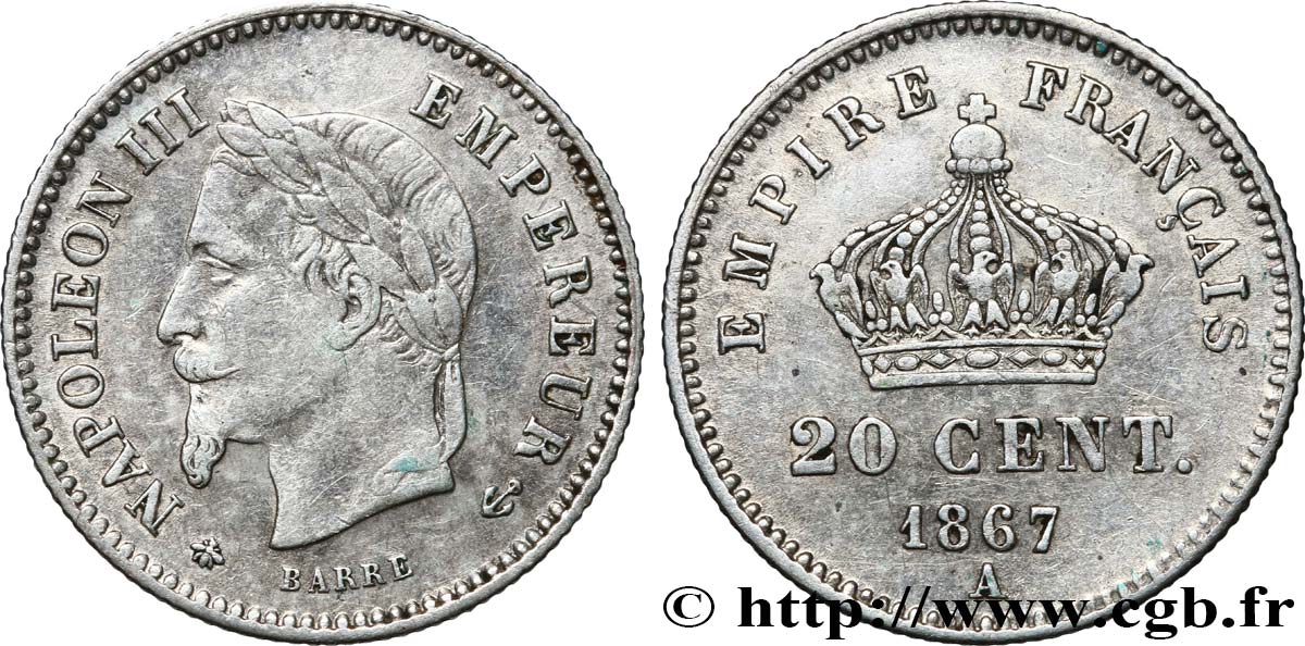 20 centimes Napoléon III, tête laurée, grand module 1867 Paris F.150/1 MBC48 