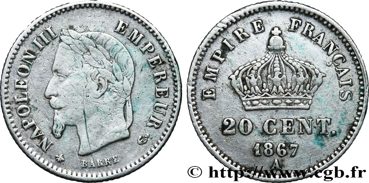 20 centimes Napoléon III, tête laurée, grand module 1867 Paris F.150/1 q.BB 