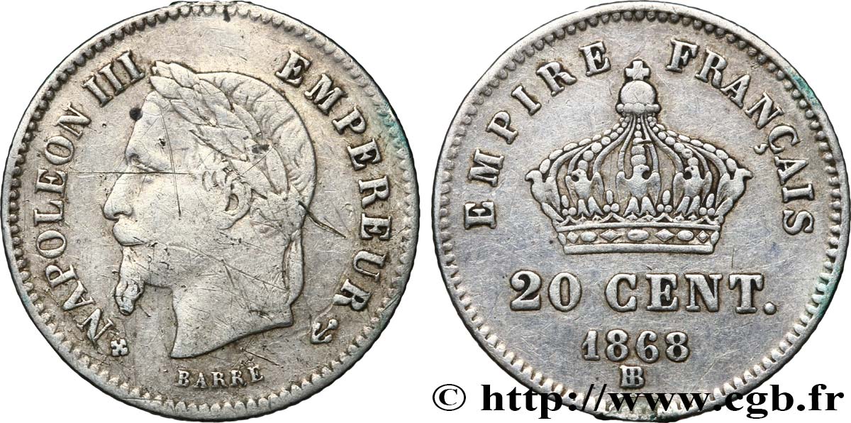 20 centimes Napoléon III, tête laurée, grand module 1868 Strasbourg F.150/5 S 