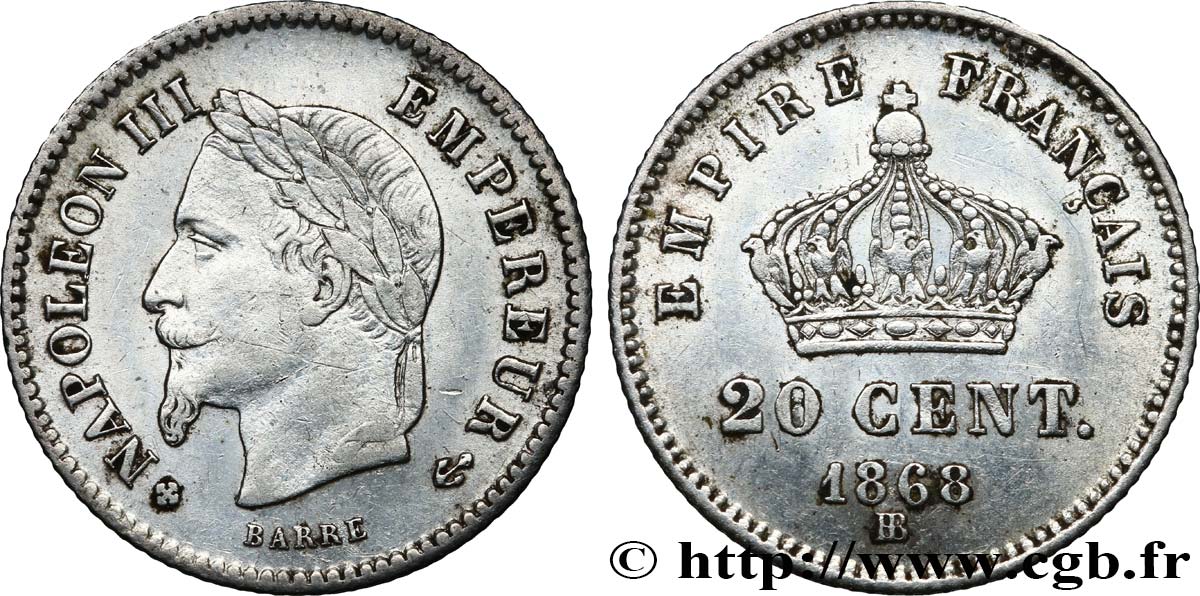 20 centimes Napoléon III, tête laurée, grand module 1868 Strasbourg F.150/5 MBC48 