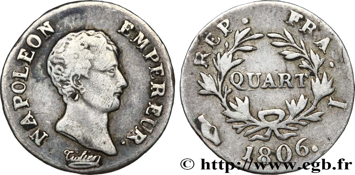 Quart (de franc) Napoléon Empereur, Calendrier grégorien 1806 Limoges F.159/2 TB38 