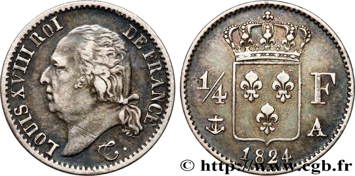 1/4 franc Louis XVIII  1824 Paris F.163/31 TTB45 