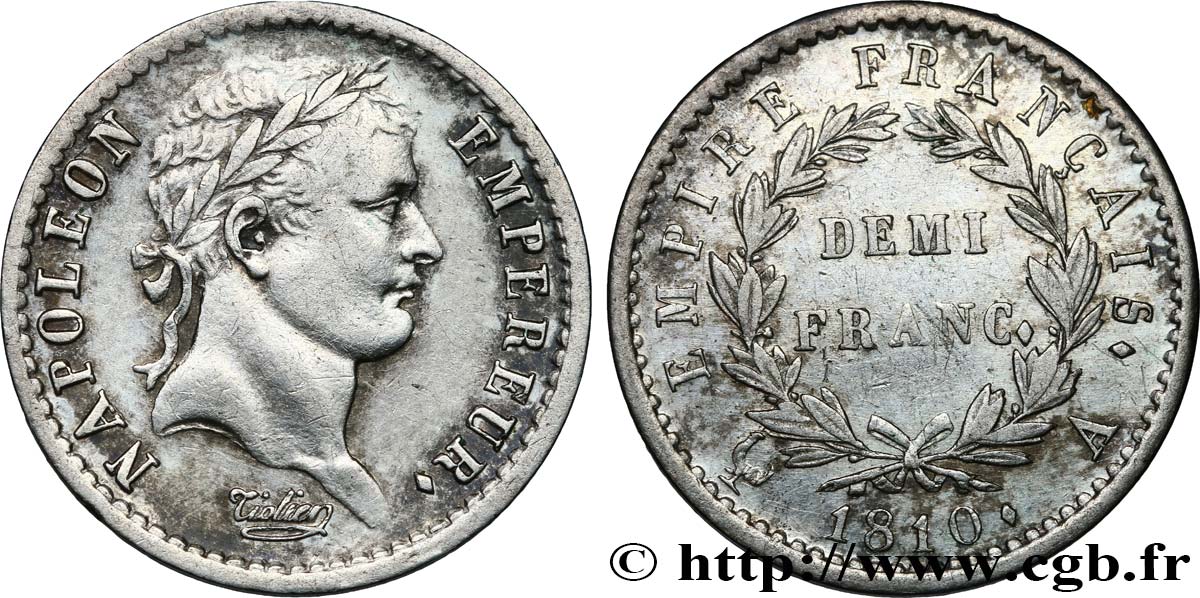 Demi-franc Napoléon Ier tête laurée, Empire français 1810 Paris F.178/10 XF48 