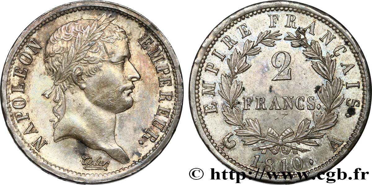 2 francs Napoléon Ier tête laurée, Empire français 1810 Paris F.255/10 VZ58 