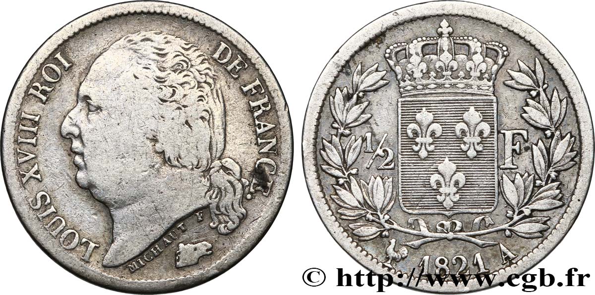 1/2 franc Louis XVIII 1821 Paris F.179/28 VF25 