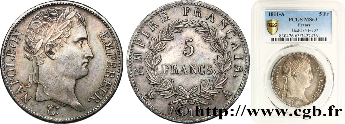 5 francs Napoléon Empereur, Empire français 1811 Paris F.307/27 fST63 PCGS
