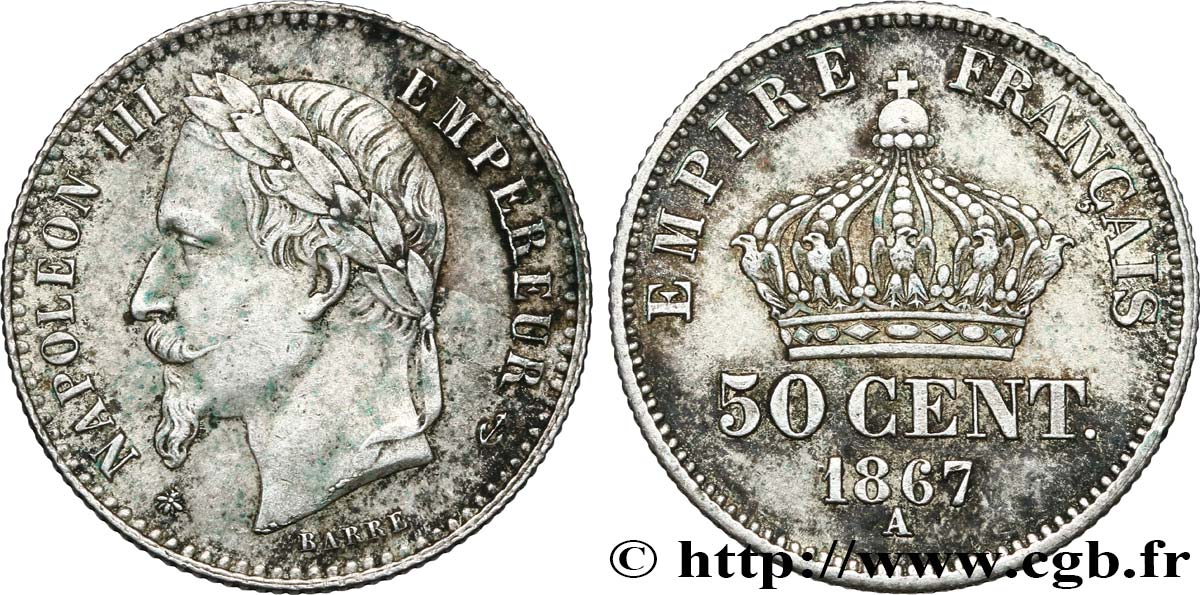 50 centimes Napoléon III, tête laurée 1867 Paris F.188/13 MBC50 