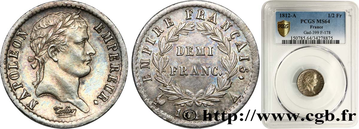 Demi-franc Napoléon Ier tête laurée, Empire français 1812 Paris F.178/35 SPL64 PCGS