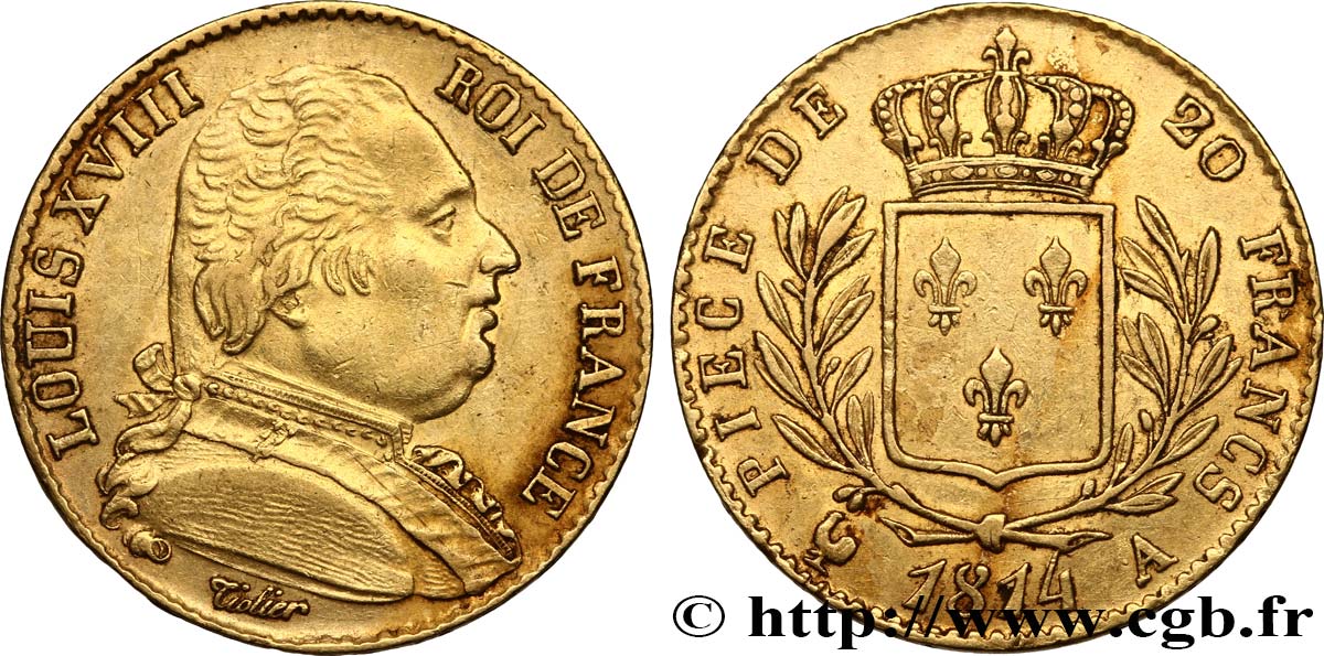 20 francs or Louis XVIII, buste habillé 1814 Paris F.517/1 MBC50 