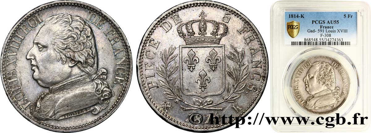 5 francs Louis XVIII, buste habillé 1814 Bordeaux F.308/7 AU55 PCGS