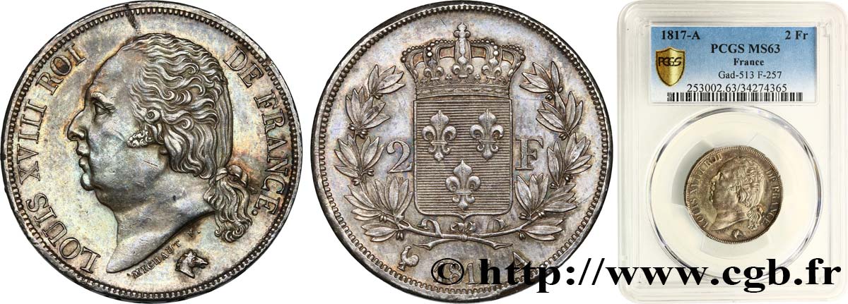 2 francs Louis XVIII 1817 Paris F.257/8 MS63 PCGS