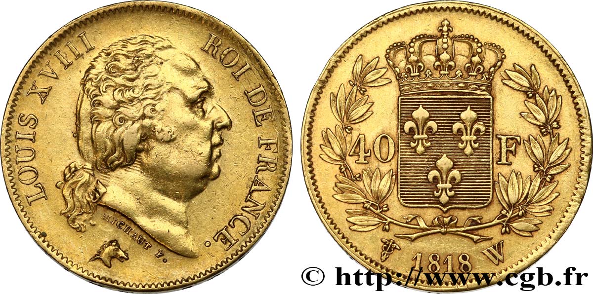 40 francs or Louis XVIII 1818 Lille F.542/8 AU50 
