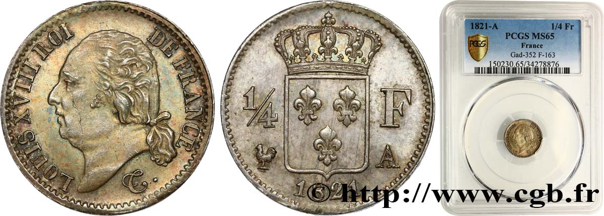 1/4 franc Louis XVIII  1821 Paris F.163/20 ST65 PCGS