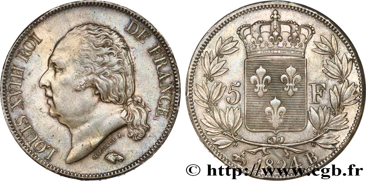 5 francs Louis XVIII, tête nue 1824 Rouen F.309/89 AU58 