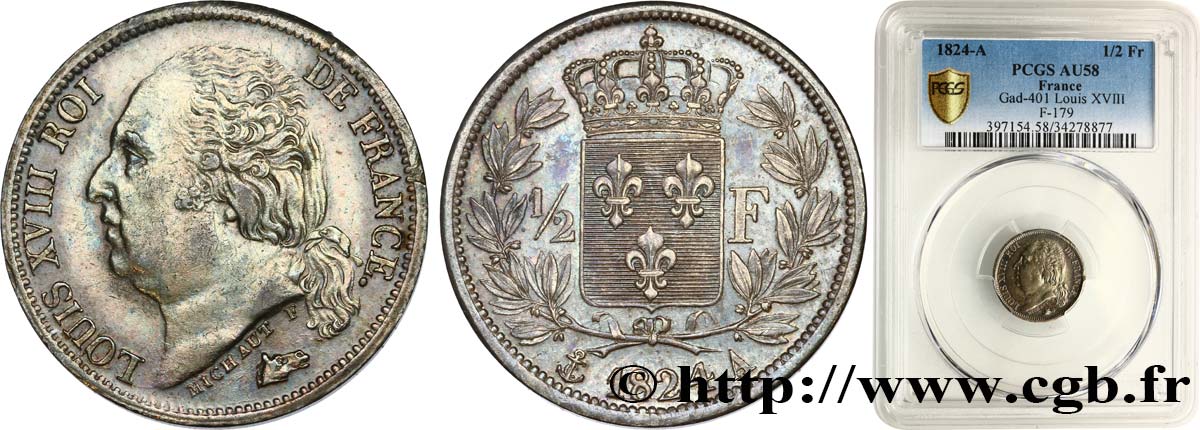 1/2 franc Louis XVIII 1824 Paris F.179/43 AU58 PCGS