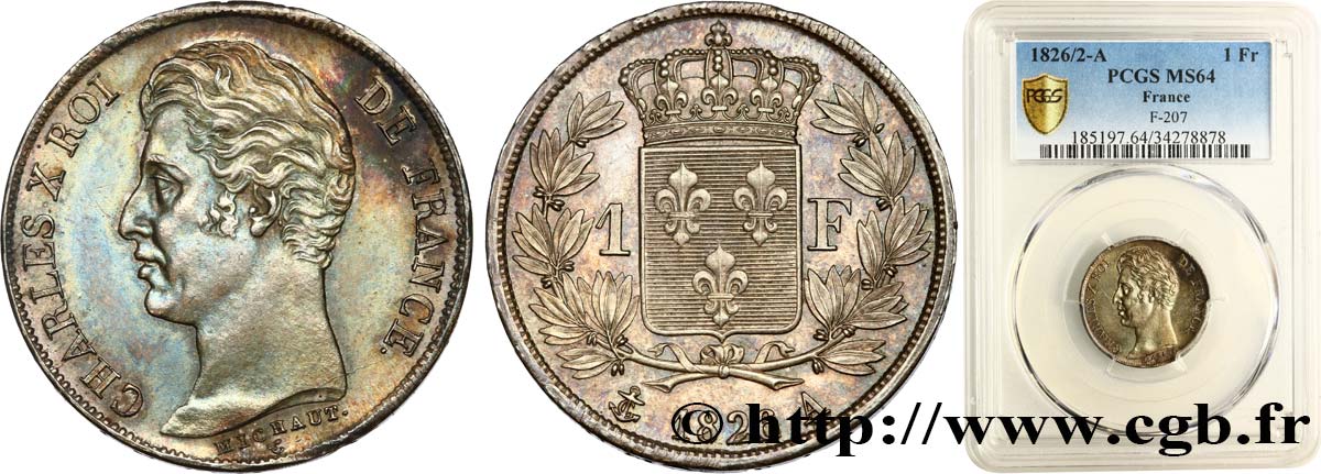 1 franc Charles X, matrice du revers à cinq feuilles 1826 Paris F.207/12 fST64 PCGS