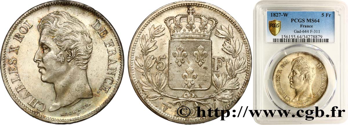5 francs Charles X, 2e type 1827 Lille F.311/13 fST64 PCGS