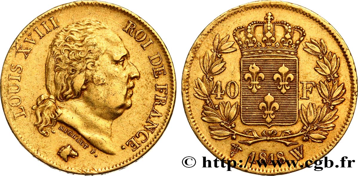 40 francs or Louis XVIII 1818 Lille F.542/8 SS45 