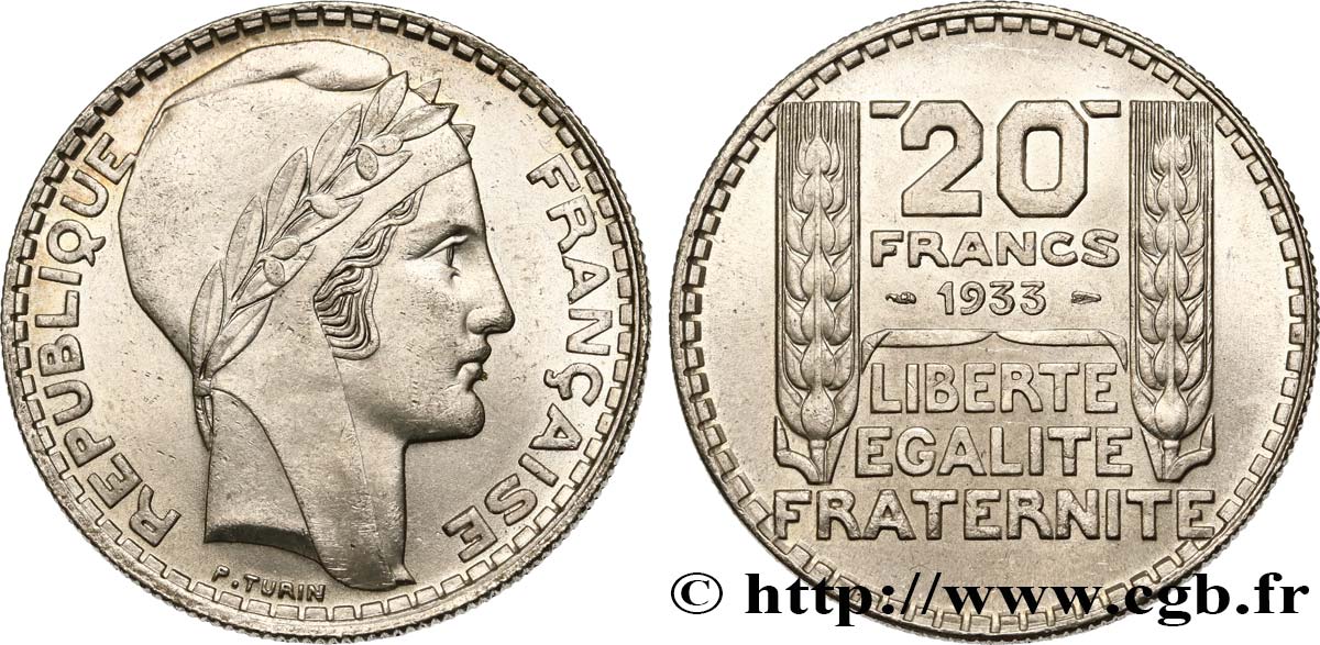 20 francs Turin, rameaux courts 1933  F.400/4 MS62 