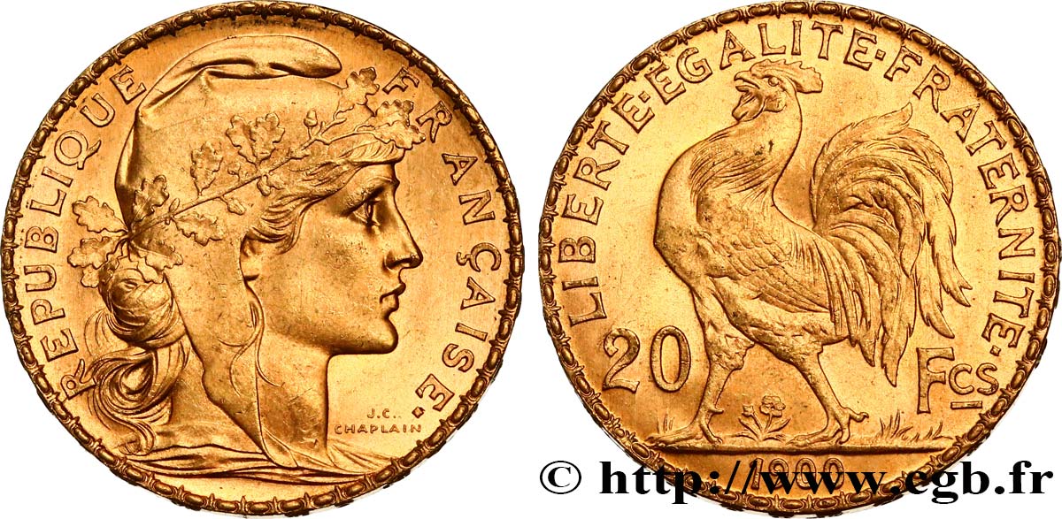 20 francs or Coq, Dieu protège la France 1900 Paris F.534/4 AU58 