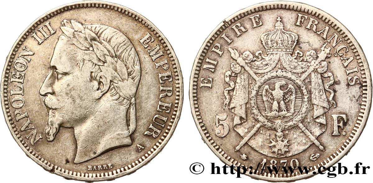5 francs Napoléon III, tête laurée 1870 Paris F.331/16 S 