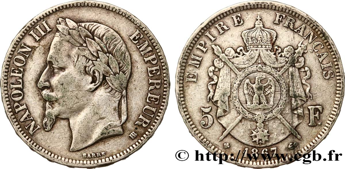 5 francs Napoléon III, tête laurée 1867 Strasbourg F.331/11 VF 