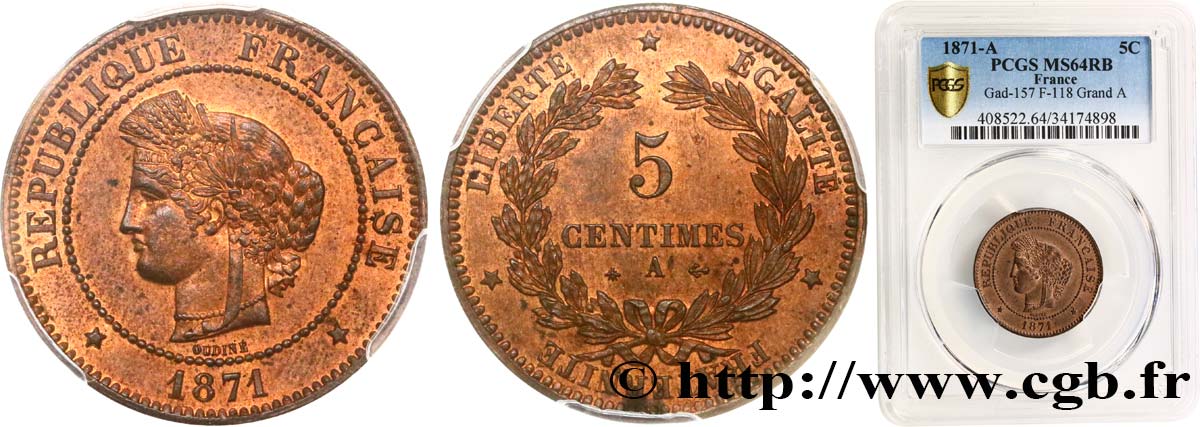 5 centimes Cérès 1871  Paris F.118/2 SPL64 PCGS