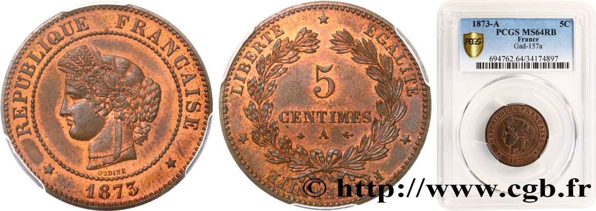 5 centimes Cérès 1873 Paris F.118/7 SC64 PCGS
