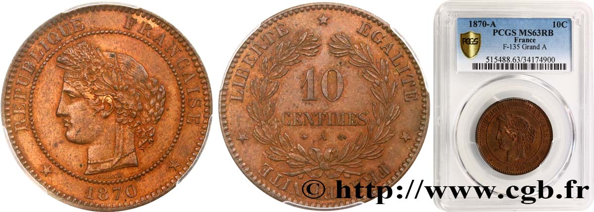 10 centimes Cérès 1870 Paris F.135/4 fST63 PCGS