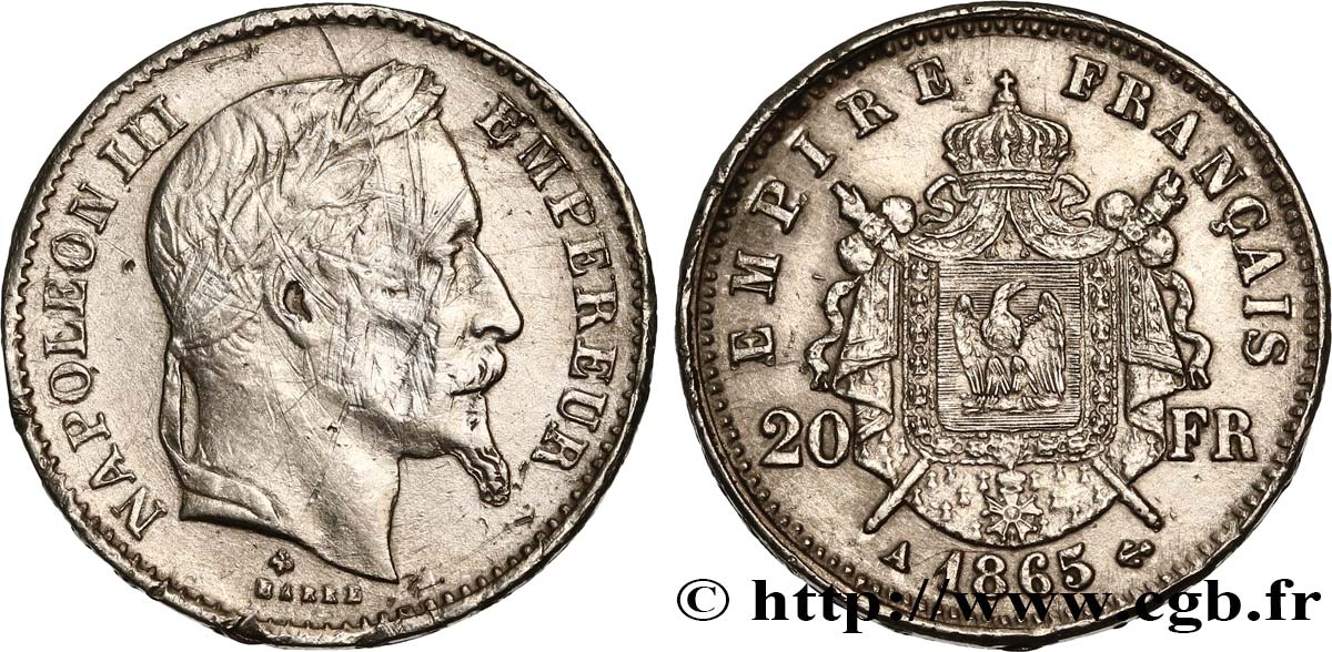 Faux de 20 francs or Napoléon III, tête laurée en platine, frappe médaille 1865 Paris F.532/11 var. TB 