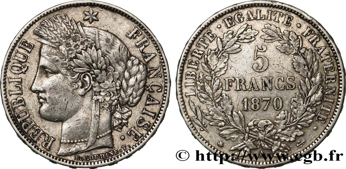 5 francs Cérès, avec légende 1870 Paris F.333/1 fSS 