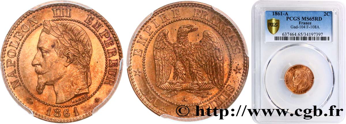 Deux centimes Napoléon III, tête laurée, buste définitif 1861 Paris F.108A/1 ST65 PCGS