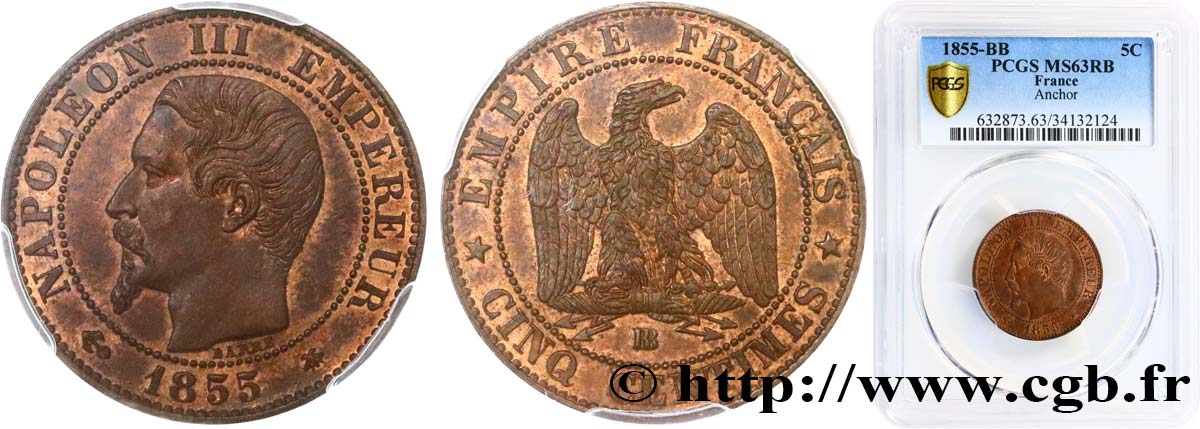 Cinq centimes Napoléon III, tête nue 1855 Strasbourg F.116/21 SC63 PCGS