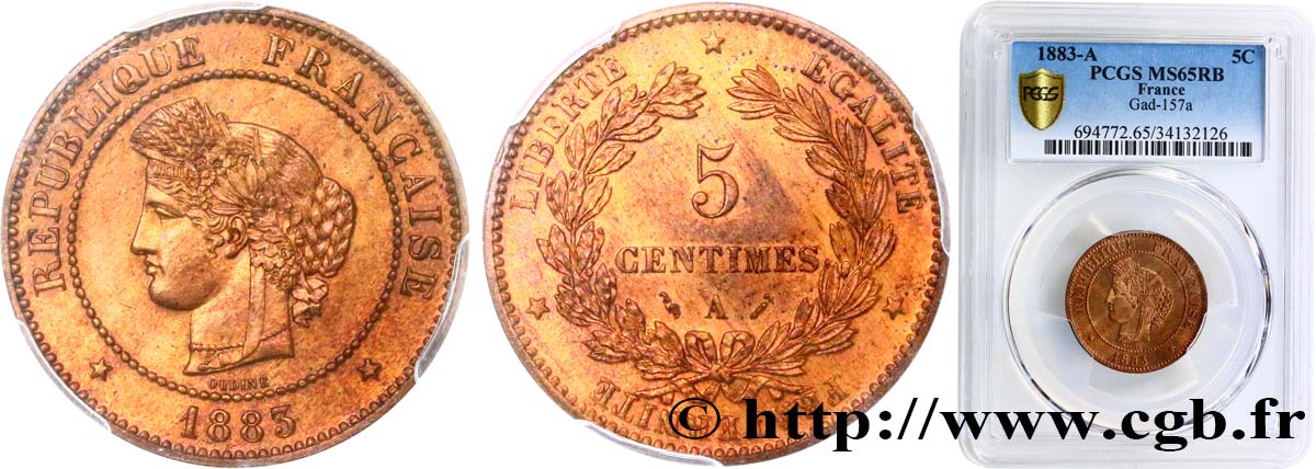 5 centimes Cérès 1883 Paris F.118/24 ST65 PCGS