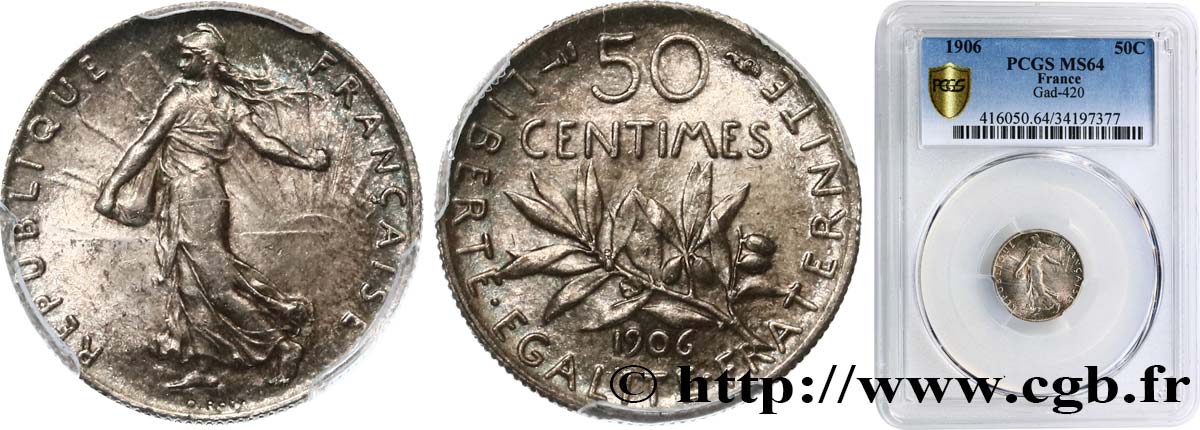 50 centimes Semeuse 1906 Paris F.190/13 SPL64 PCGS