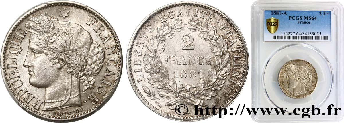 2 francs Cérès, avec légende 1881 Paris F.265/12 MS64 PCGS