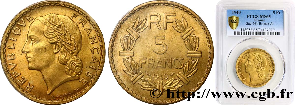 5 francs Lavrillier, bronze-aluminium 1940  F.337/4 FDC65 PCGS