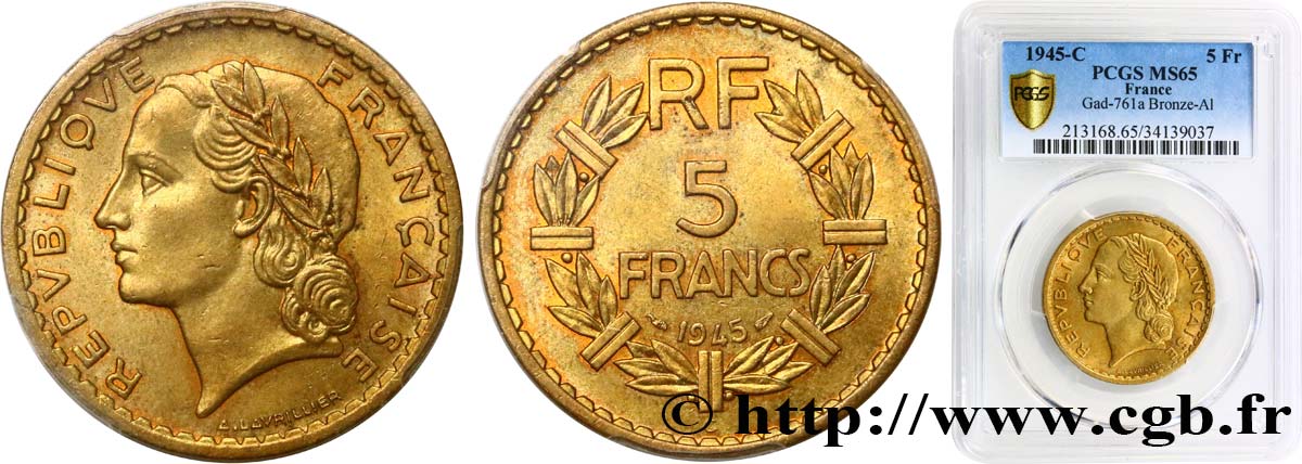 5 francs Lavrillier, bronze-aluminium 1945 Castelsarrasin F.337/6 FDC65 PCGS