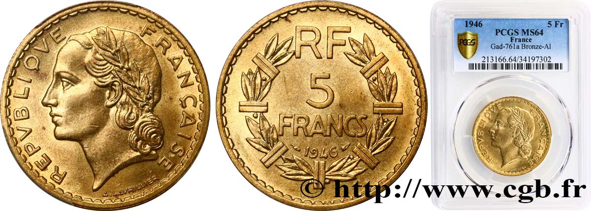 5 francs Lavrillier, bronze-aluminium 1946  F.337/7 SC64 PCGS